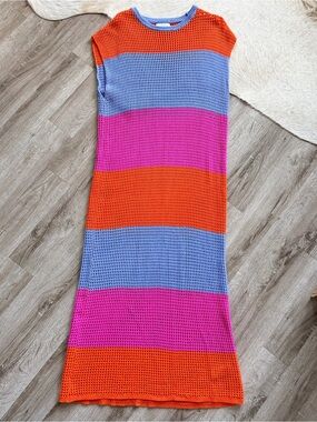 FRNCH Sleeveless Stripe Knit Maxi Dress in Orange, Blue & Pink